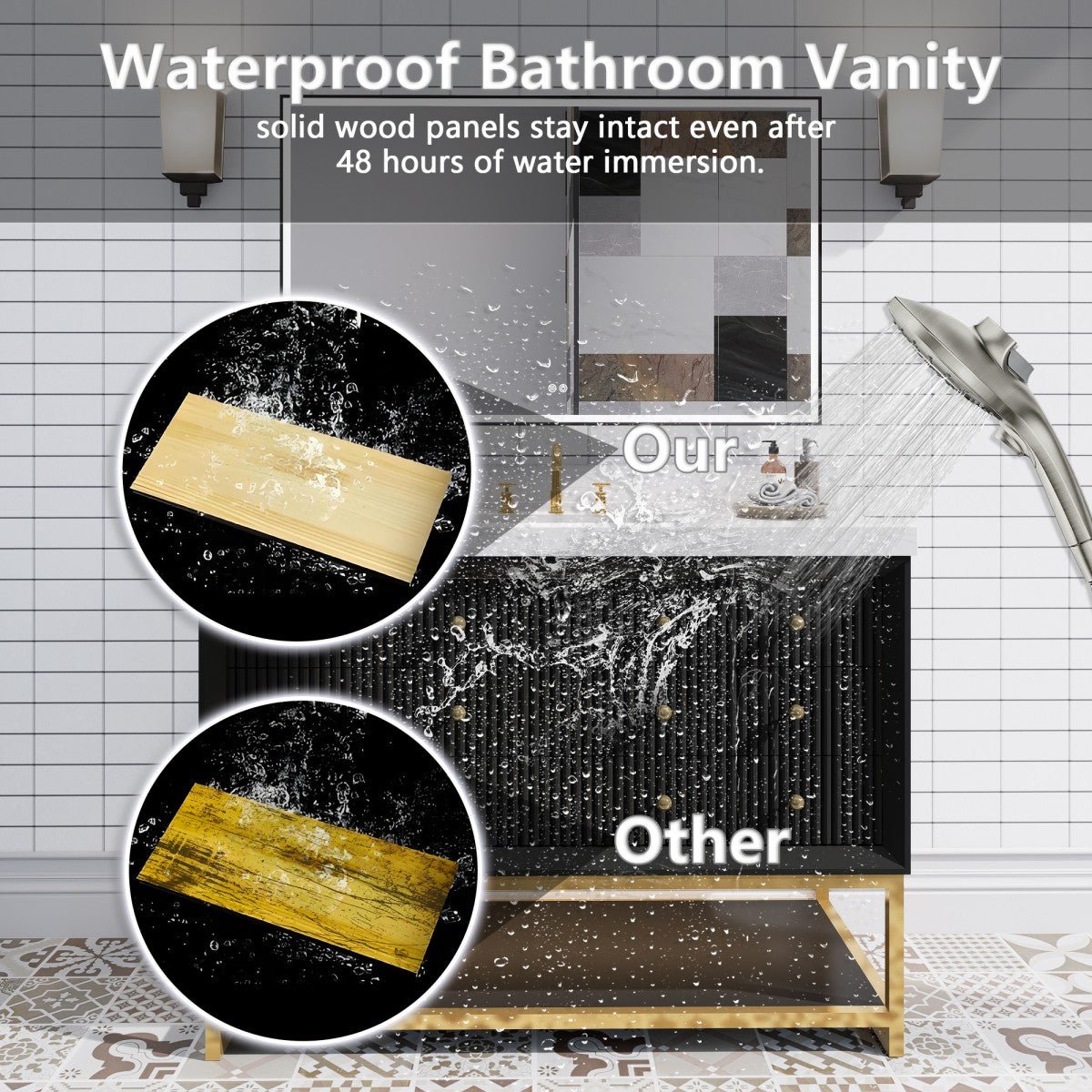 Brillare - W 48" LED Bath Vanity With Sink,Cultured Marble Top,Black,Solid Oak Build,Soft - Close,8 in faucet holes