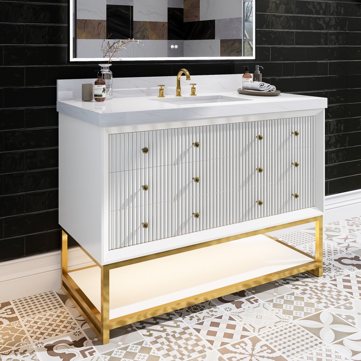 Brillare - W 48" LED Bath Vanity With Sink,Cultured Marble Top,White,Solid Oak Build,Soft - Close,8 in faucet holes