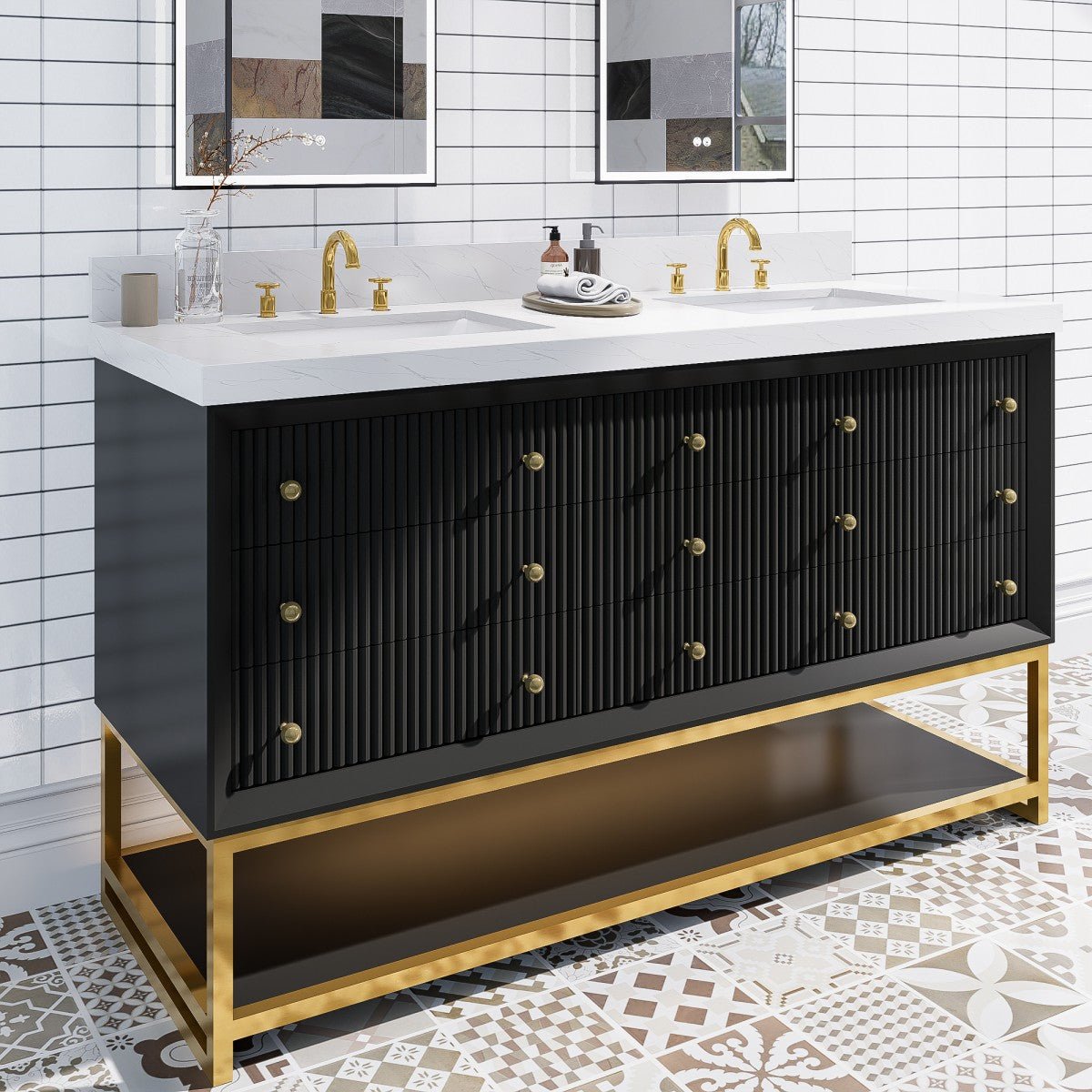 Brillare - W 60" LED Bath Vanity With Sink,Cultured Marble Top,Black,Solid Oak Build,Soft - Close,8 in faucet holes