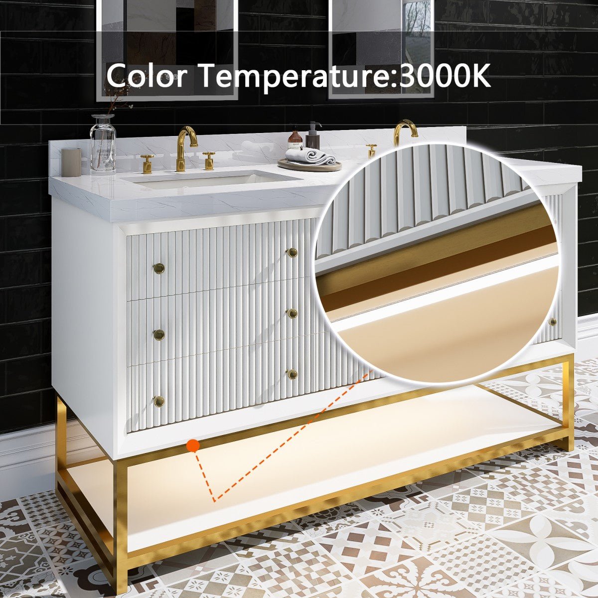 Brillare - W 60" LED Bath Vanity With Sink,Cultured Marble Top,White,Solid Oak Build,Soft - Close,8 in faucet holes