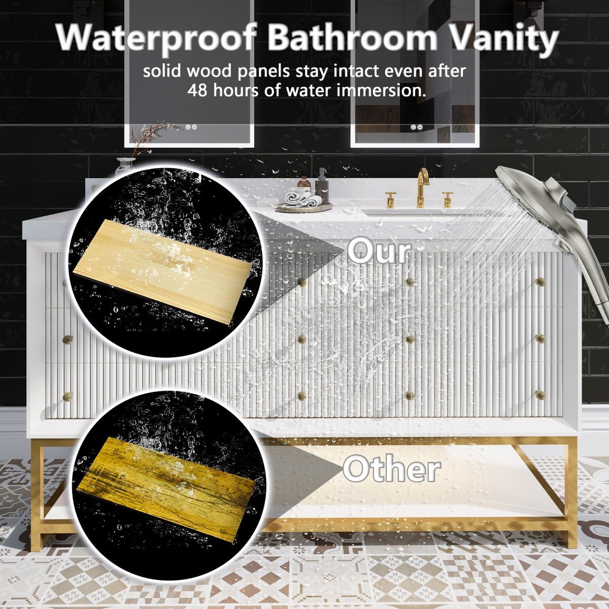 Brillare - W 60" LED Bath Vanity With Sink,Cultured Marble Top,White,Solid Oak Build,Soft - Close,8 in faucet holes