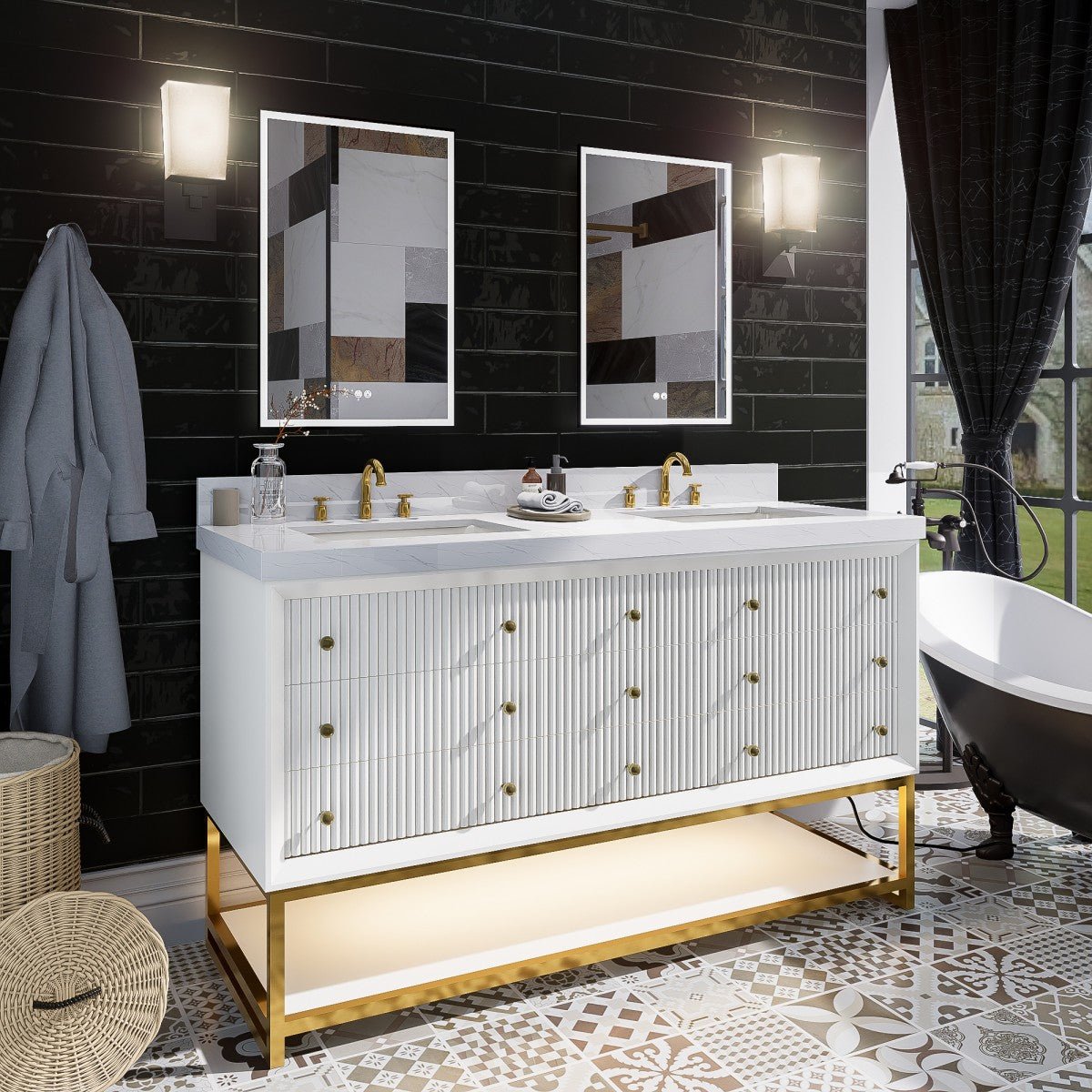 Brillare - W 60" LED Bath Vanity With Sink,Cultured Marble Top,White,Solid Oak Build,Soft - Close,8 in faucet holes