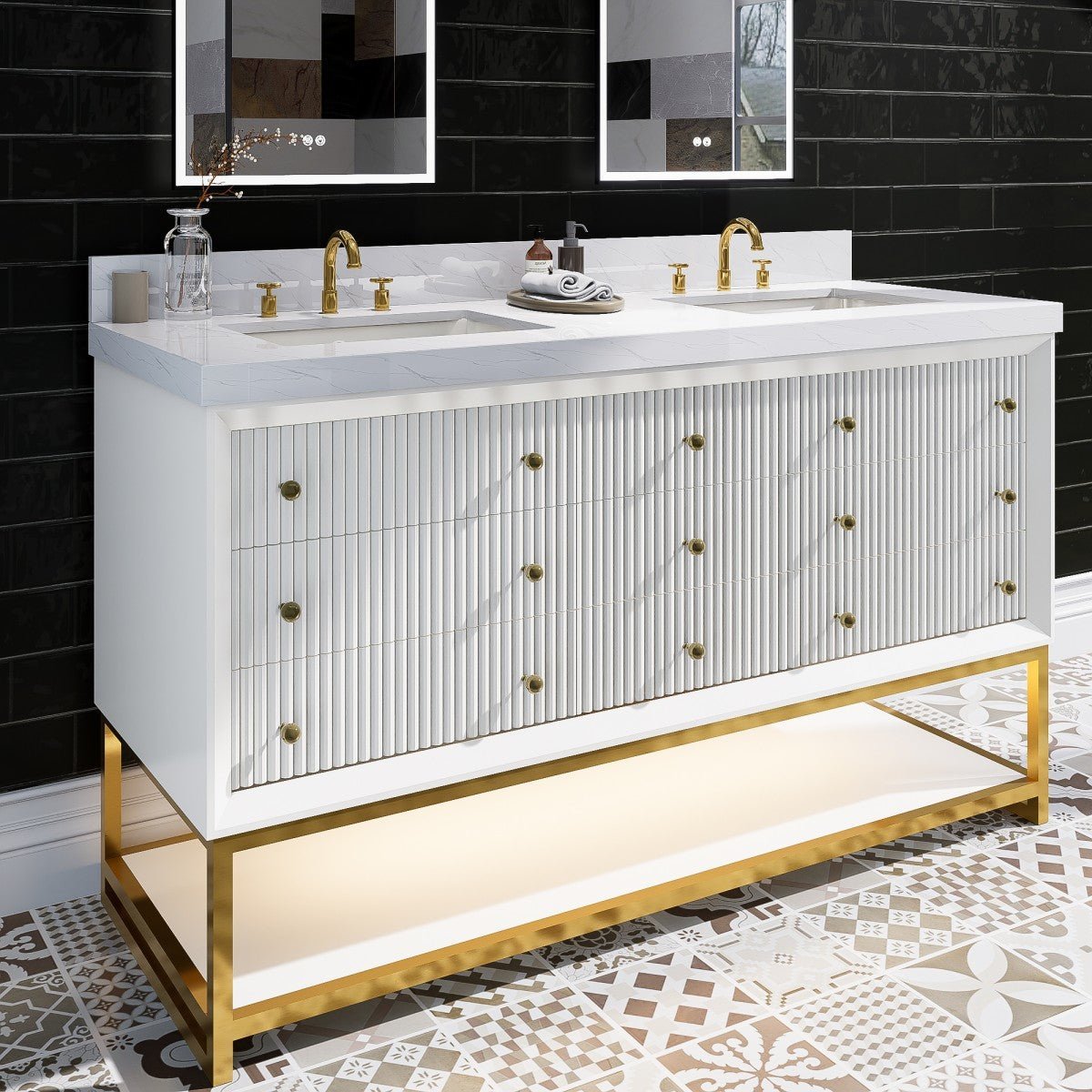 Brillare - W 60" LED Bath Vanity With Sink,Cultured Marble Top,White,Solid Oak Build,Soft - Close,8 in faucet holes