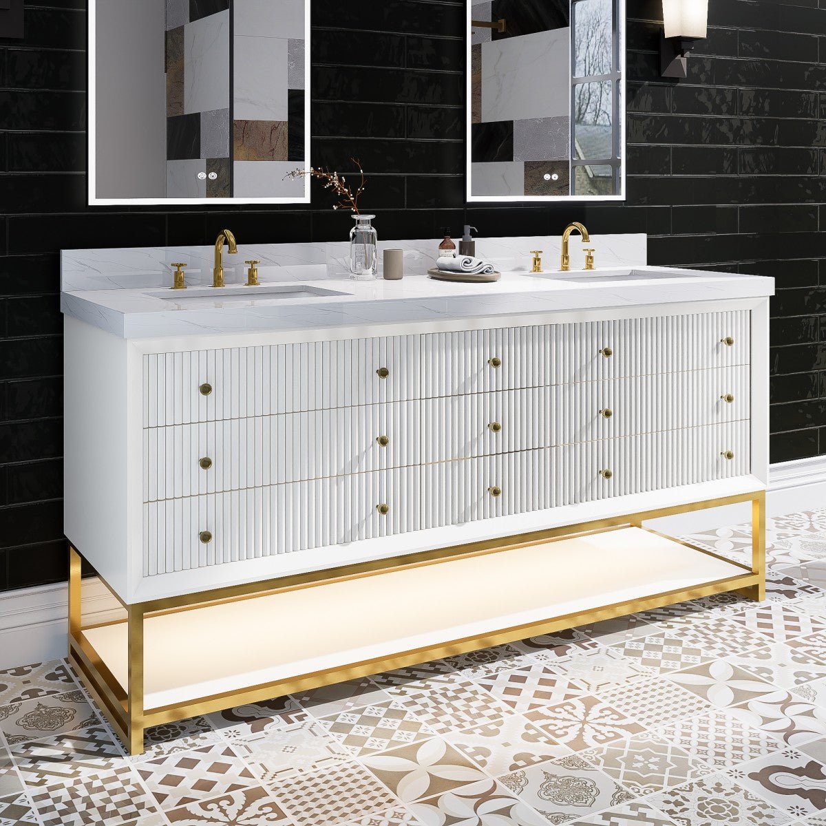 Brillare - W 72" LED Bath Vanity With Sink,Cultured Marble Top,White,Solid Oak Build,Soft - Close,8 in faucet holes