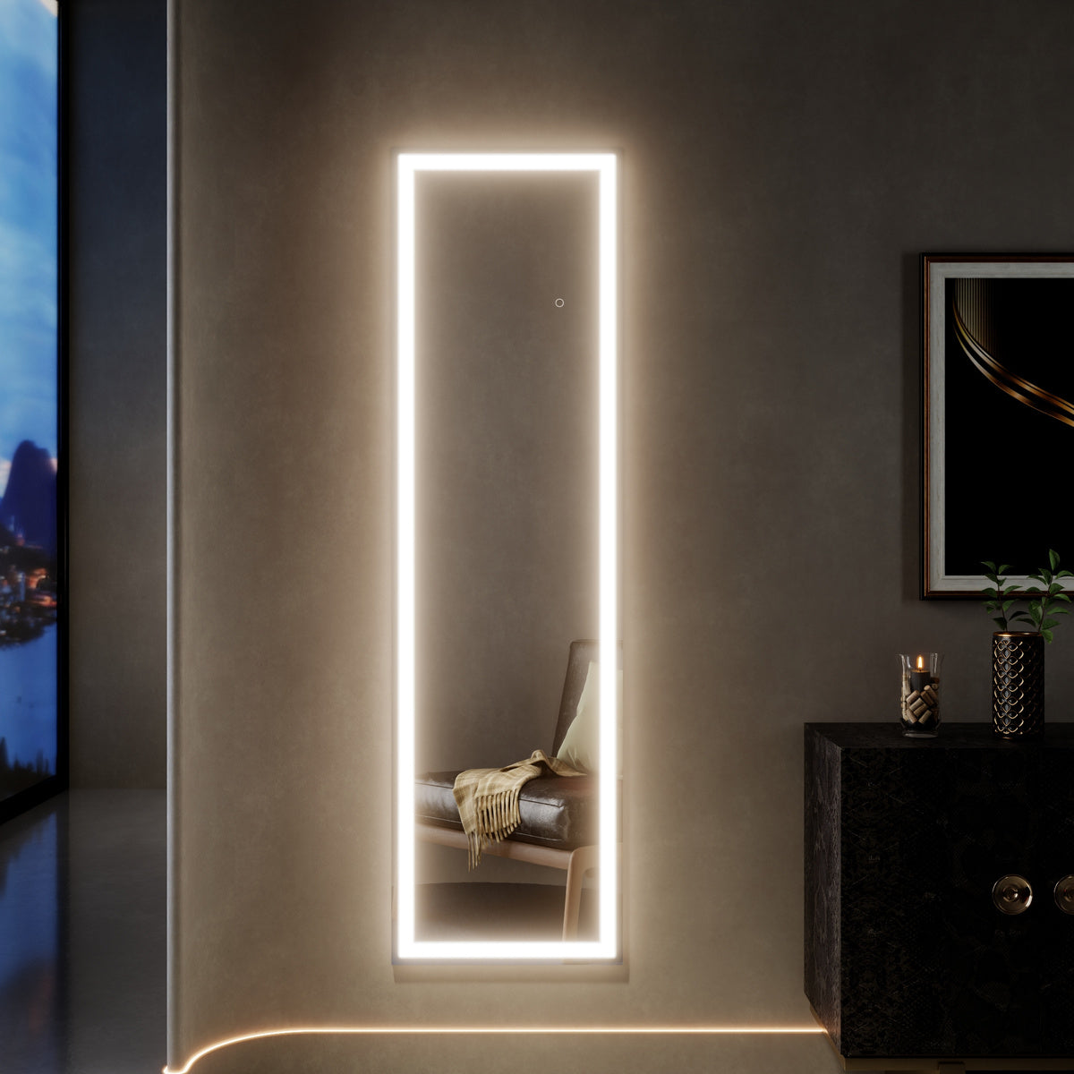 Nivor 60"x16" Dimmable LED Full-Length Floor Framed Mirror with Stand, 3-Color Lights & Wall-Mount Option