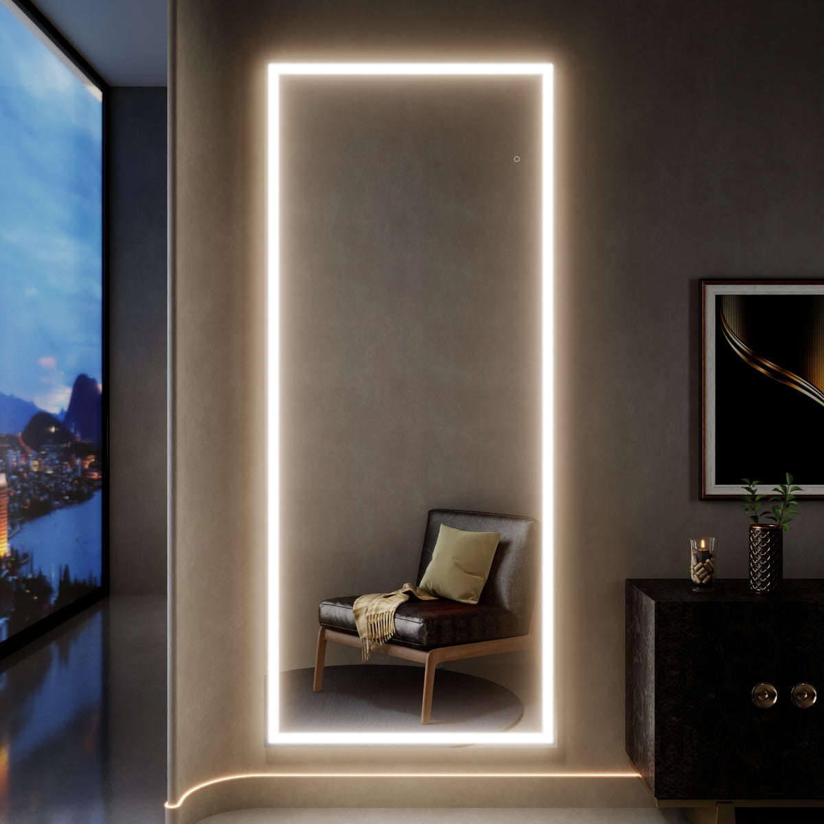 Nivor 82"x34" Dimmable LED Full-Length Floor Framed Mirror with Stand, 3-Color Lights & Wall-Mount Option