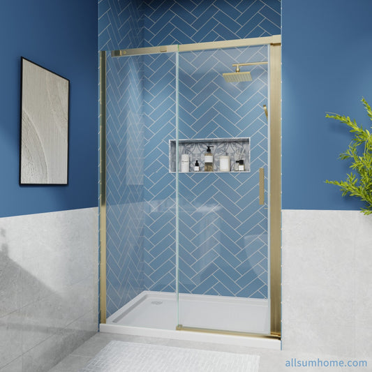 Lock Adjustable 44-48"W x 74"H Sliding Glass Shower Door with 8mm Clear Tempered Glass,Stainless Steel Hardware Brushed Gold,Rectangle Shower Door