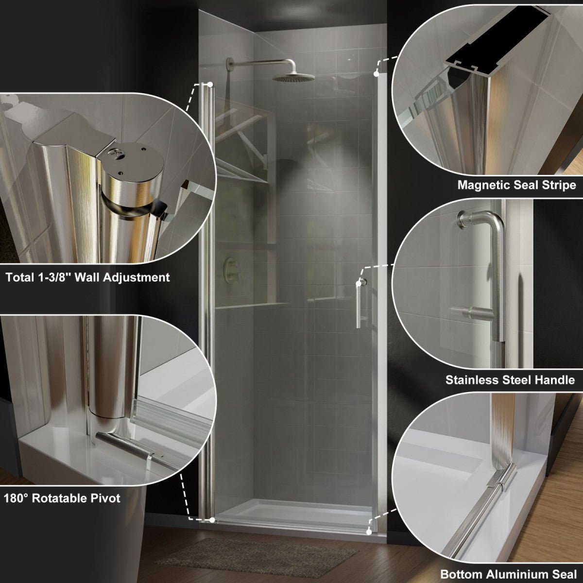 Classy 36 - 37" W X 72" H Pivot Semi - Frameless Glass Shower Door Nickel