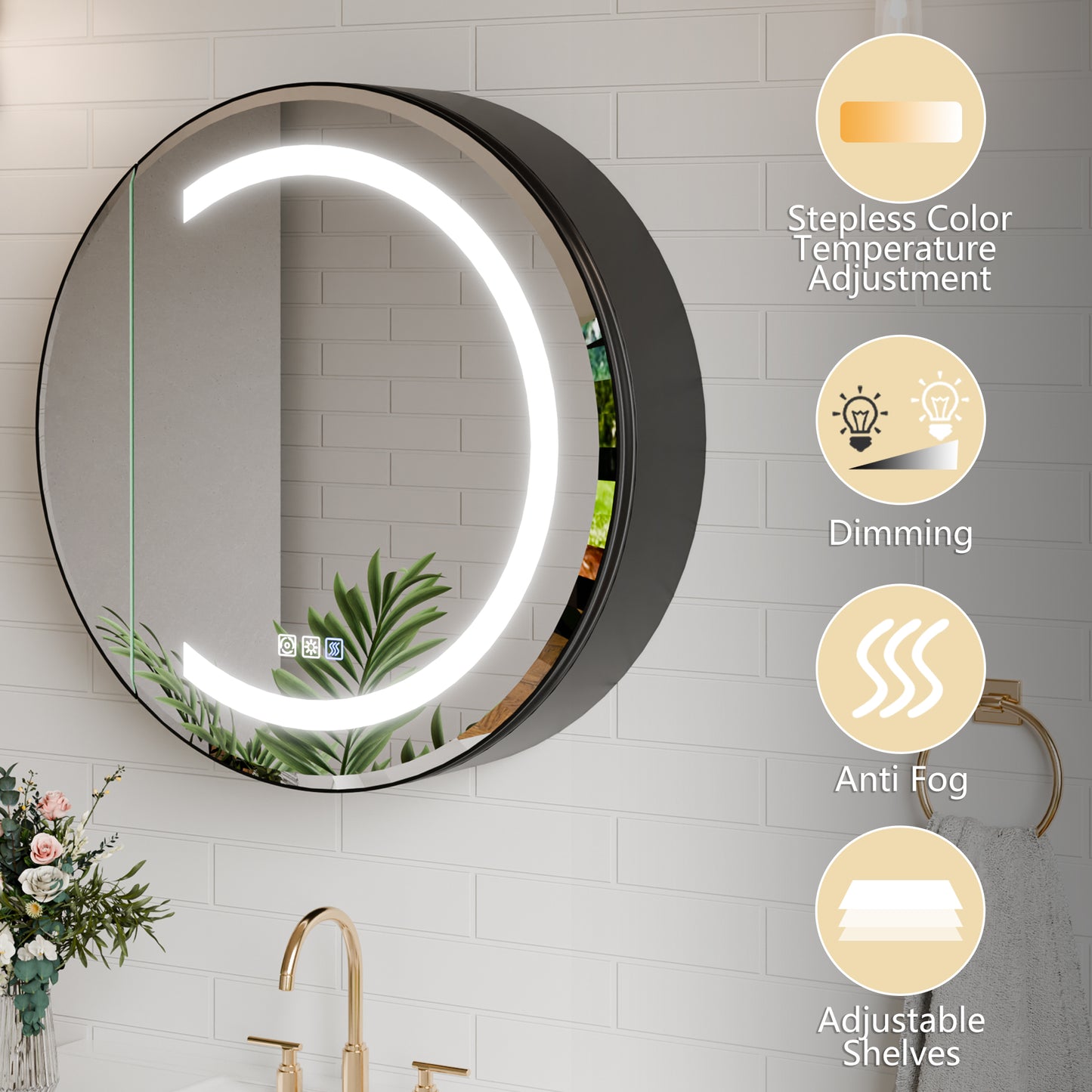 Hola 24" Round LED Medicine Cabinet – Black Frame, Anti-Fog, Dimmable Lighting, Surface Mount - ExBriteUSA