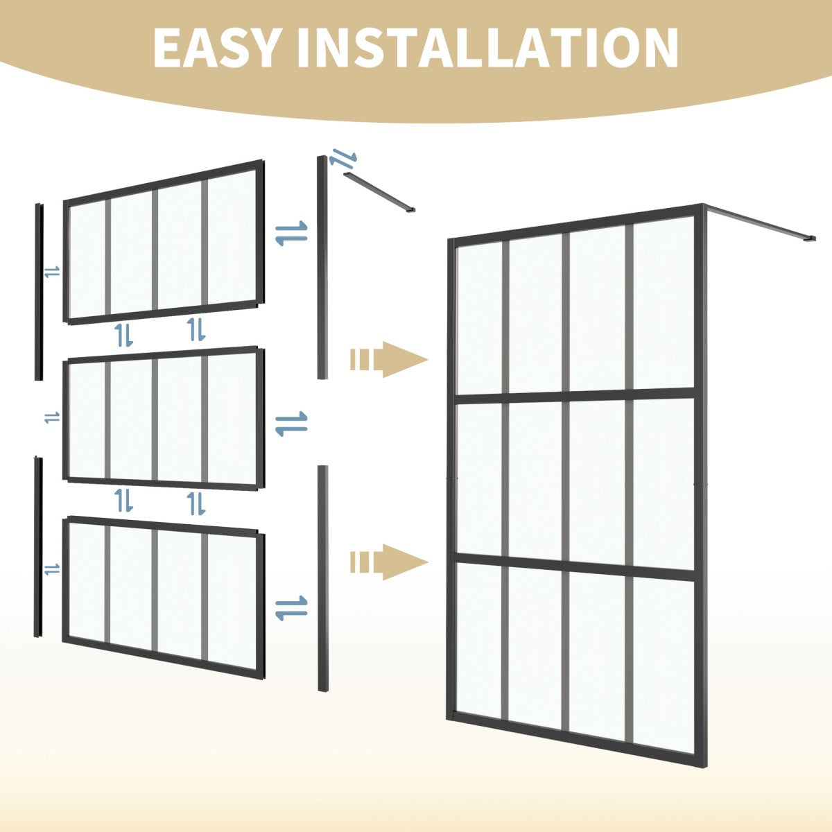 Diagram showing the easy installation process of a framed window with labeled parts and arrows.