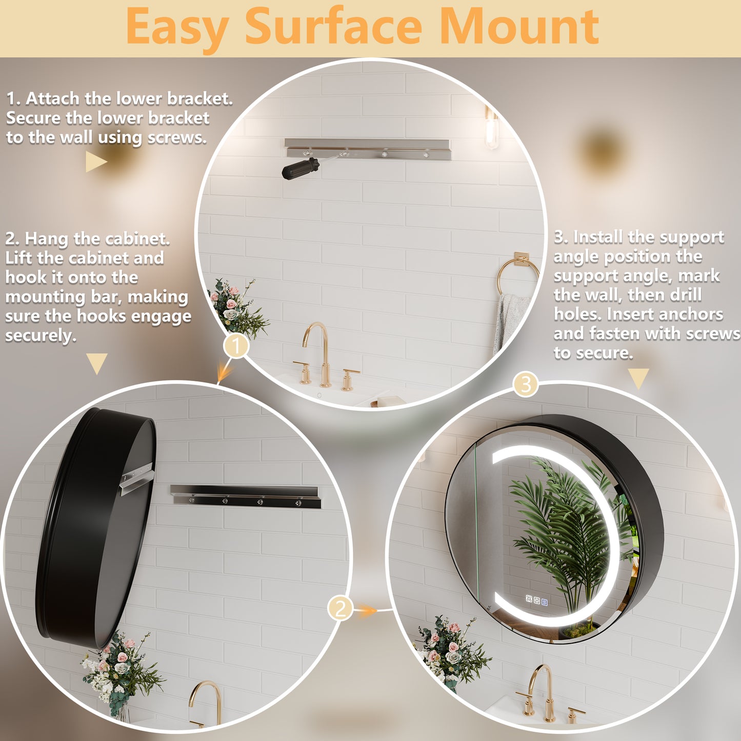 Hola 24" Round LED Medicine Cabinet – Black Frame, Anti-Fog, Dimmable Lighting, Surface Mount - ExBriteUSA