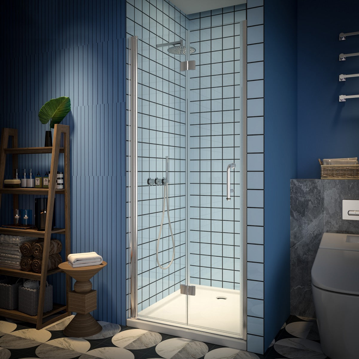 Bifold shower door with brushed nickel finish and tempered glass in modern bathroom setting.