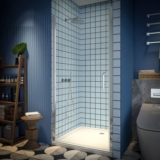Classy 36-38" W x 72" H Pivot Semi-Frameless Glass Shower Door in Chrome, bathroom setting.