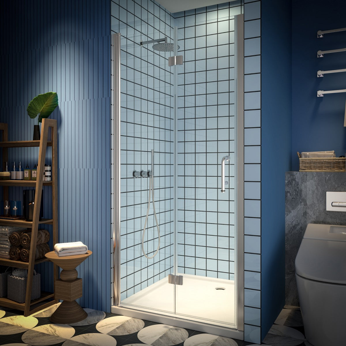 Exbrite Adapt Bifold Shower Door with brushed nickel finish in a modern bathroom setting.