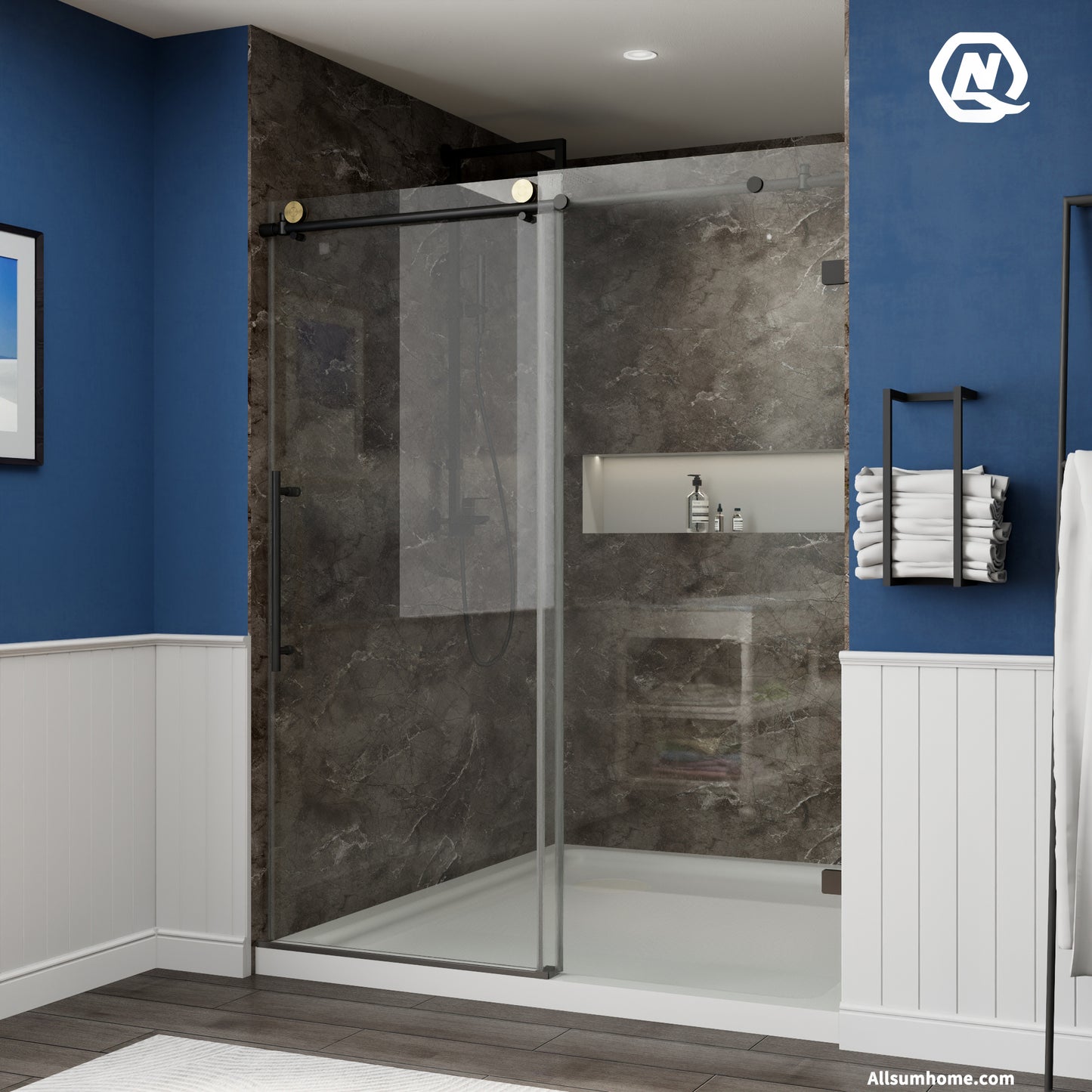 Anchor 56"-60" Width x 74" Height Frameless Sliding Shower Door,Clear Tempered Glass,Matte Black,Smooth Door Closing,Vertical Handle - ExBriteUSA
