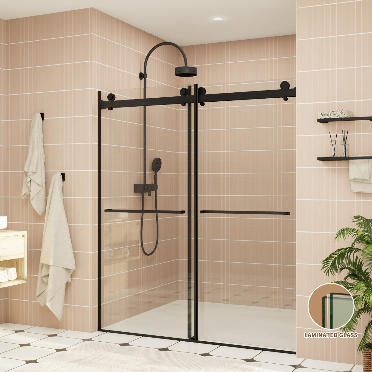 ExRoll-PL Allsumhome 56"-60"W x 70"H Frameless Double Sliding Shower Door,8mm Laminated Glass,Shatterproof,Noise-proof,UV-proof,Tempered Glass Shower Enclosure,Matte Black,Buffer