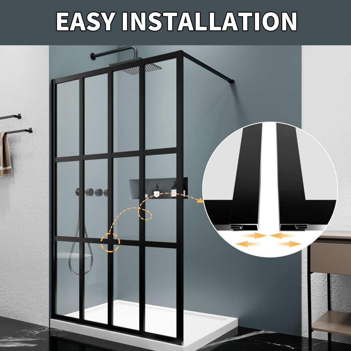 Atlas 46" X 72" Black Shower Door Clear Tempered Glass Framed Shower Screen Walk-in,Corner shower door - ExBriteUSA