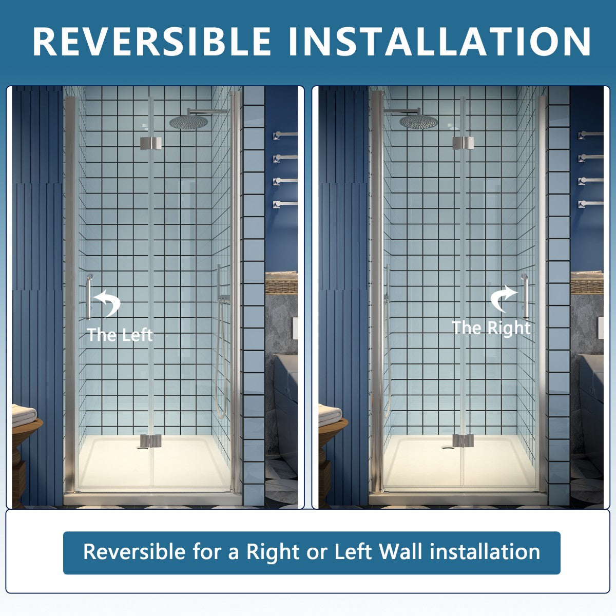 Exbrite Adapt Bifold Shower Door with brushed nickel finish, reversible installation, and tempered glass.