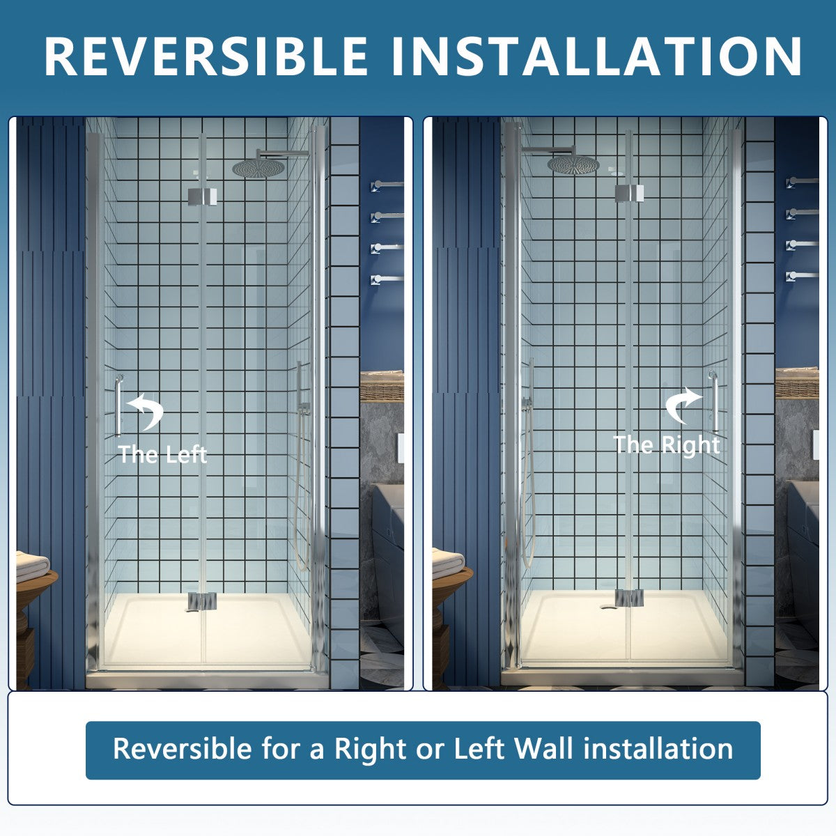 Reversible installation of Exbrite Adapt Bifold Shower Door with chrome finish and clear tempered glass.