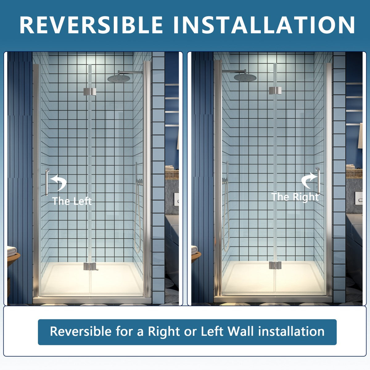 Reversible installation options for Exbrite Adapt Bifold Shower Door with clear tempered glass and brushed nickel finish.