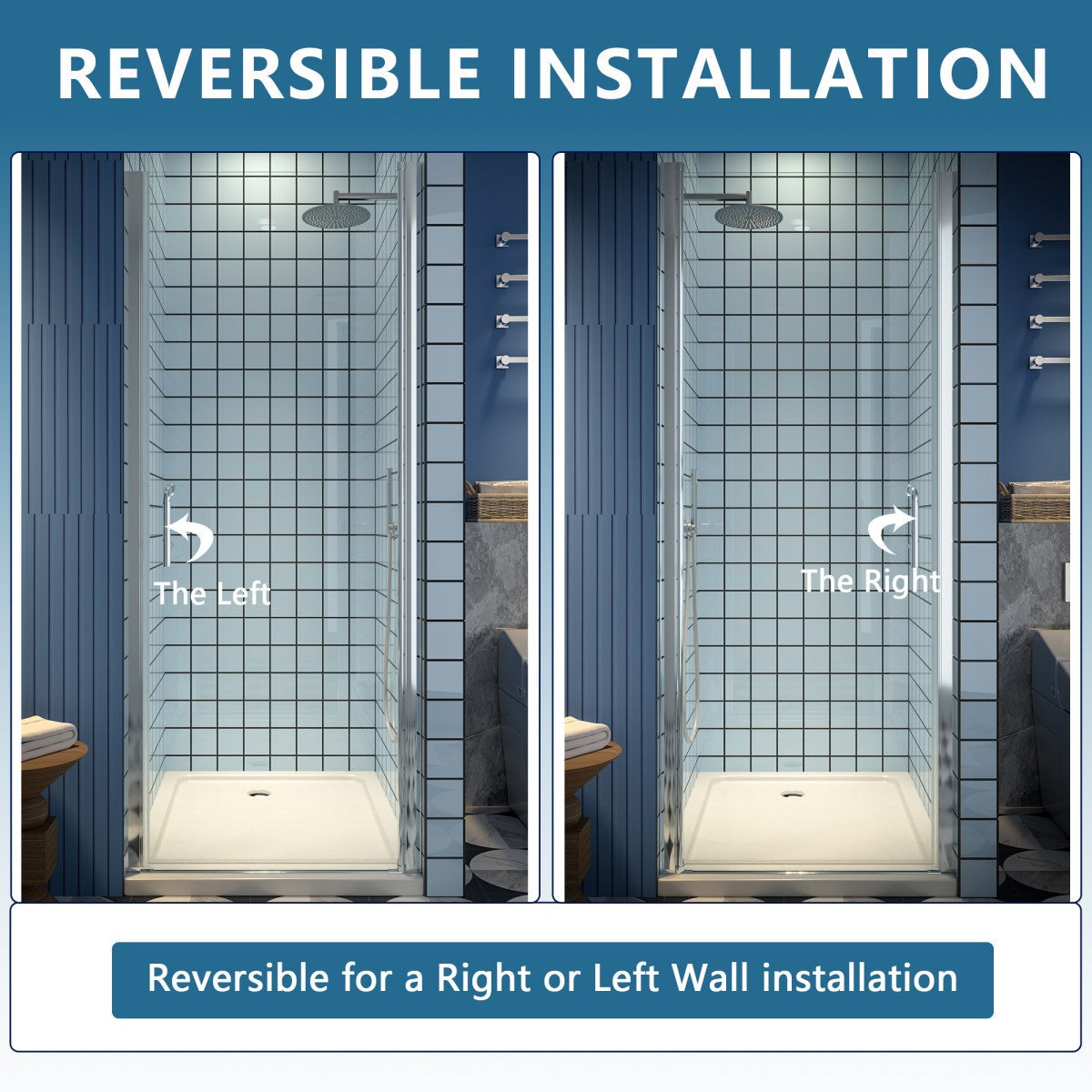 Classy semi-frameless chrome pivot shower door with reversible installation in modern bathroom.