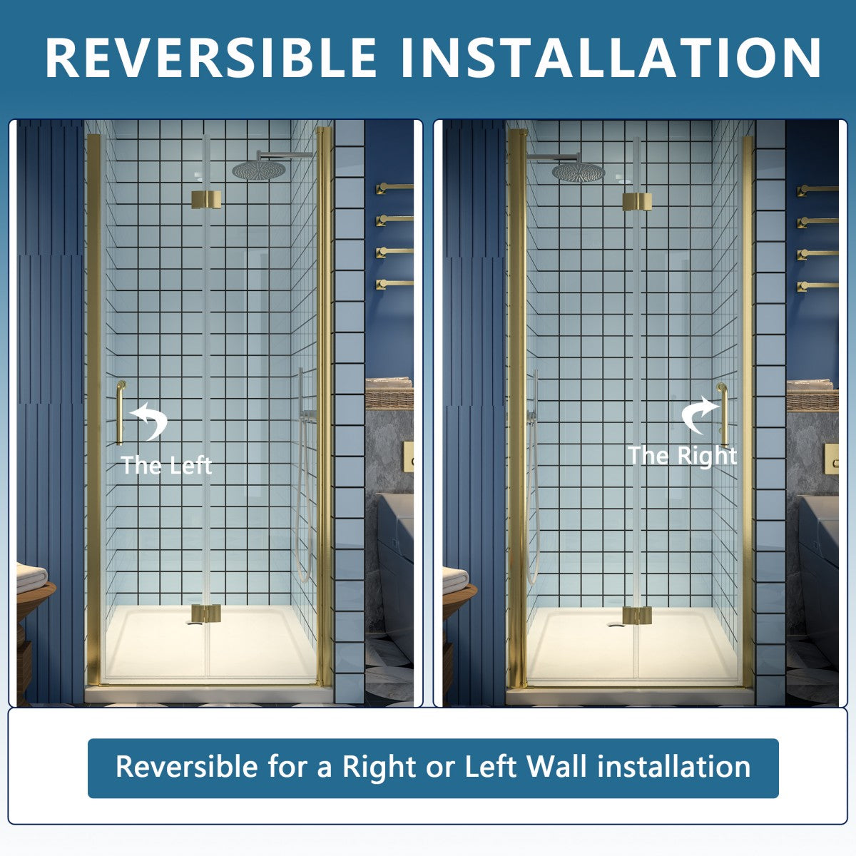 Exbrite Adapt Bifold Shower Door 32-34 in.W x 72 in.H Pivot Swing Shower Doors,Brushed Gold,Tempered Shower Glass - ExBriteUSA