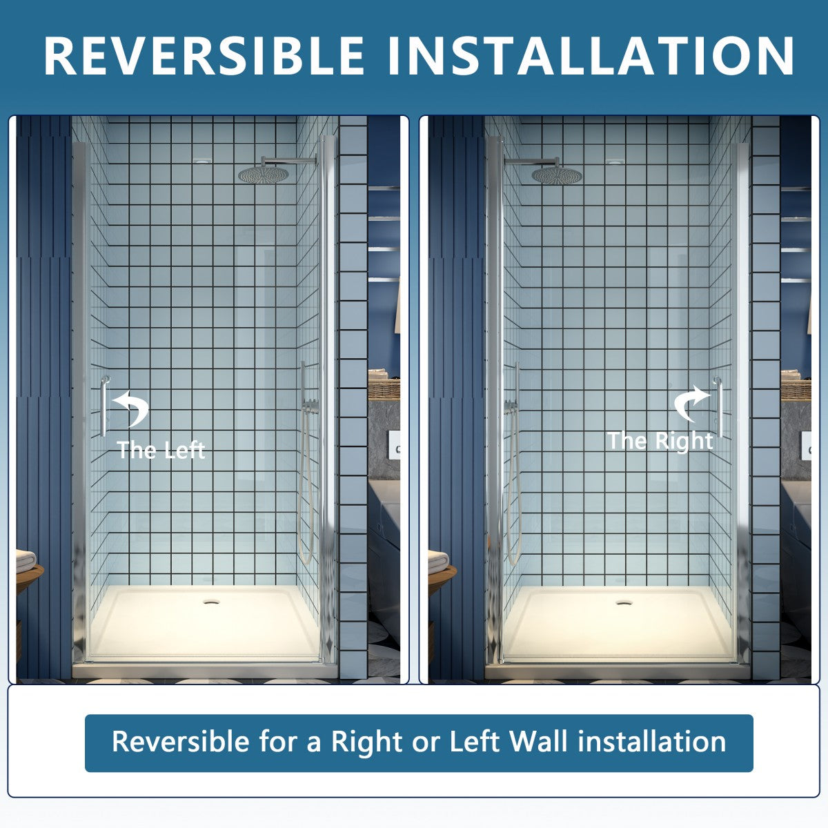 Classy 36-38" W x 72" H Pivot Semi-Frameless Glass Shower Door in Chrome with reversible installation for right or left wall.