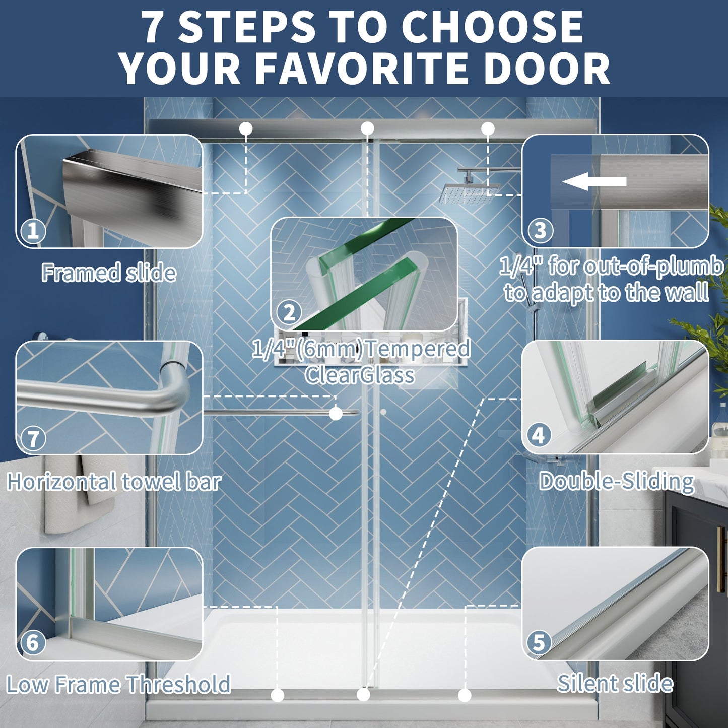 Glide Semi-Frameless Shower Door 50-54 in. W x 72 in. H Bypass Sliding Shower Enclosure,Brushed Nickel,Double Sliding Glass Bathroom Doors - ExBriteUSA