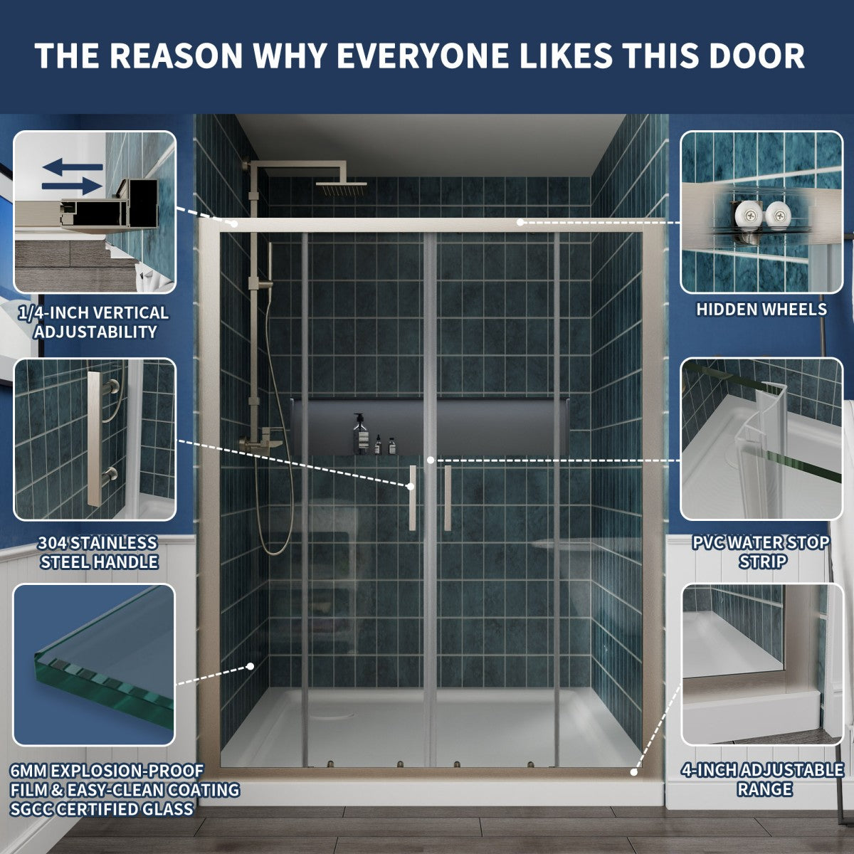 Holden 56-60"W x 70"H Easy Clean Shatter Proof Double Framed Sliding Shower Door with 1/4" (6mm) Clear SGCC Tempered Glass,Brushed Nickel