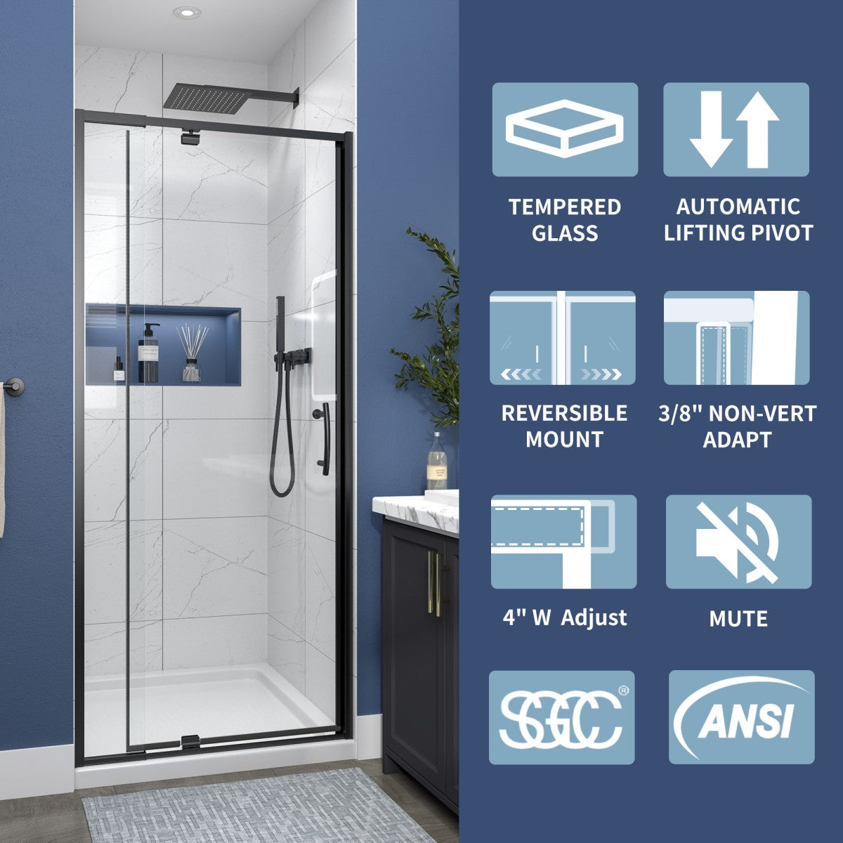 Flexi Showers 28-32" W x 72" H Glass Shower Doos Semi-Frameless,6mm Clear Tempered Glass Panel, Black Finish - ExBriteUSA