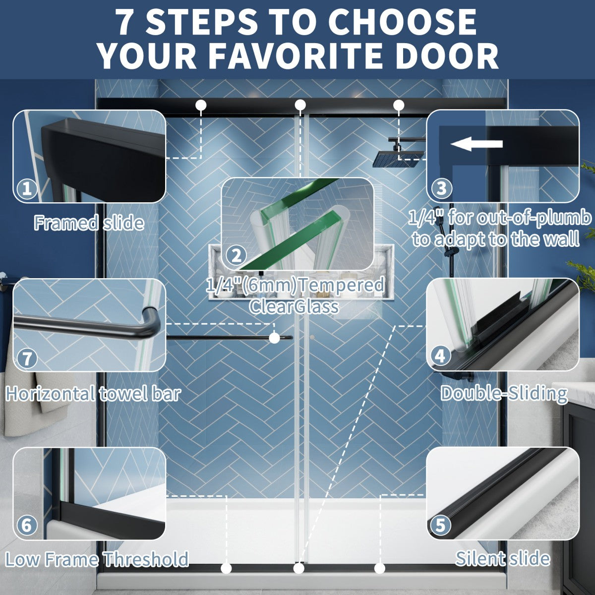 Glide Semi-Frameless Shower Door 56-60 in. W x 72 in. H Bypass Sliding Shower Enclosure,Matte Black,Double Sliding Glass Bathroom Doors - ExBriteUSA