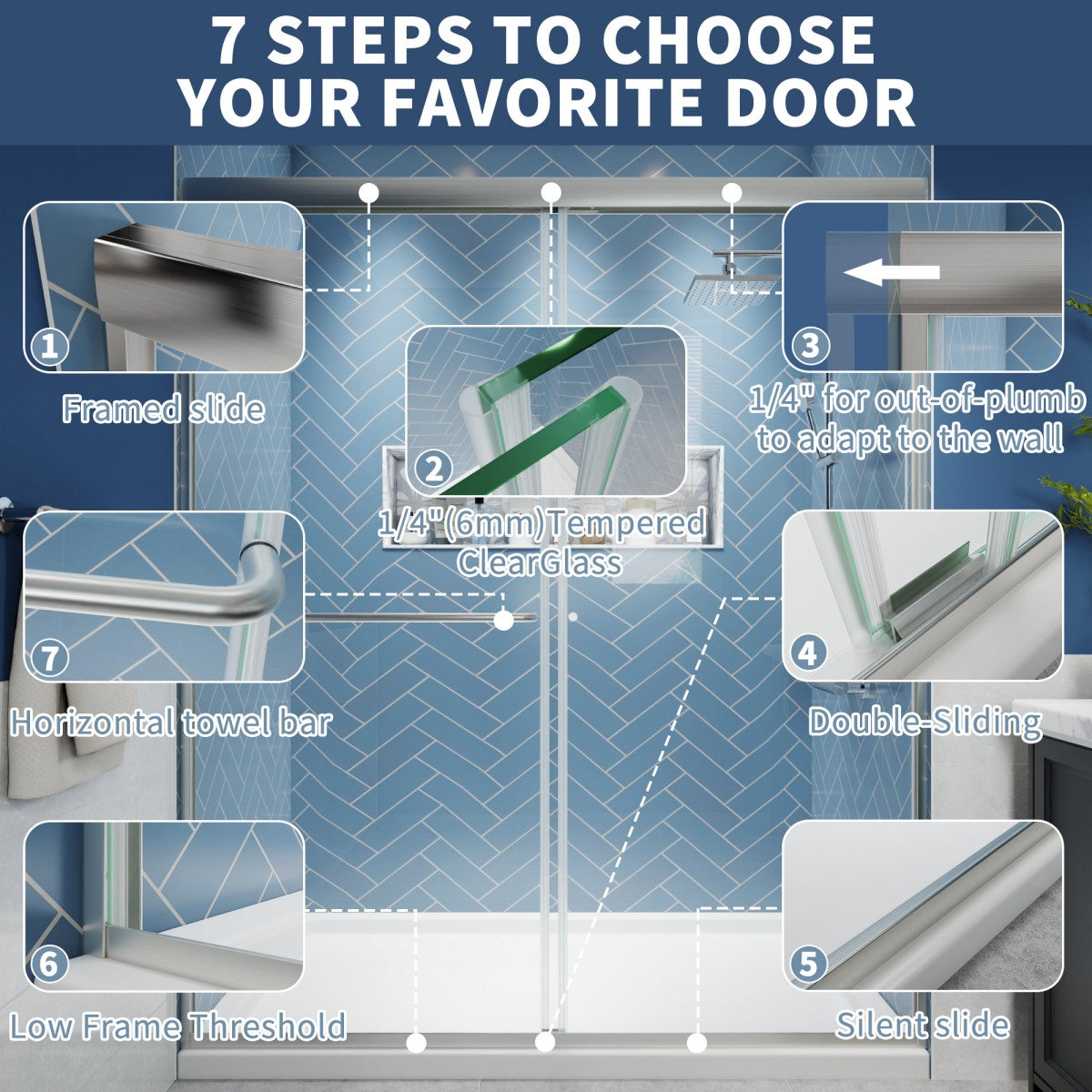 Glide Semi-Frameless Shower Door 56-60 in. W x 72 in. H Bypass Sliding Shower Enclosure,Brushed Nickel,Double Sliding Glass Bathroom Doors - ExBriteUSA