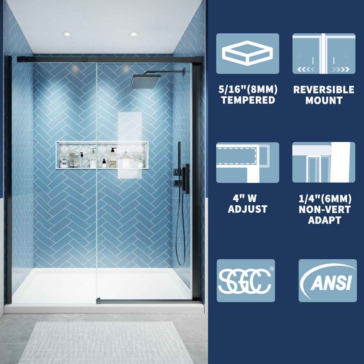 Lock Adjustable 56-60"W x 74"H Sliding Glass Shower Door with 8mm Clear Tempered Glass,Stainless Steel Hardware Black,Rectangle Shower Door (Copy) (Copy) (Copy)