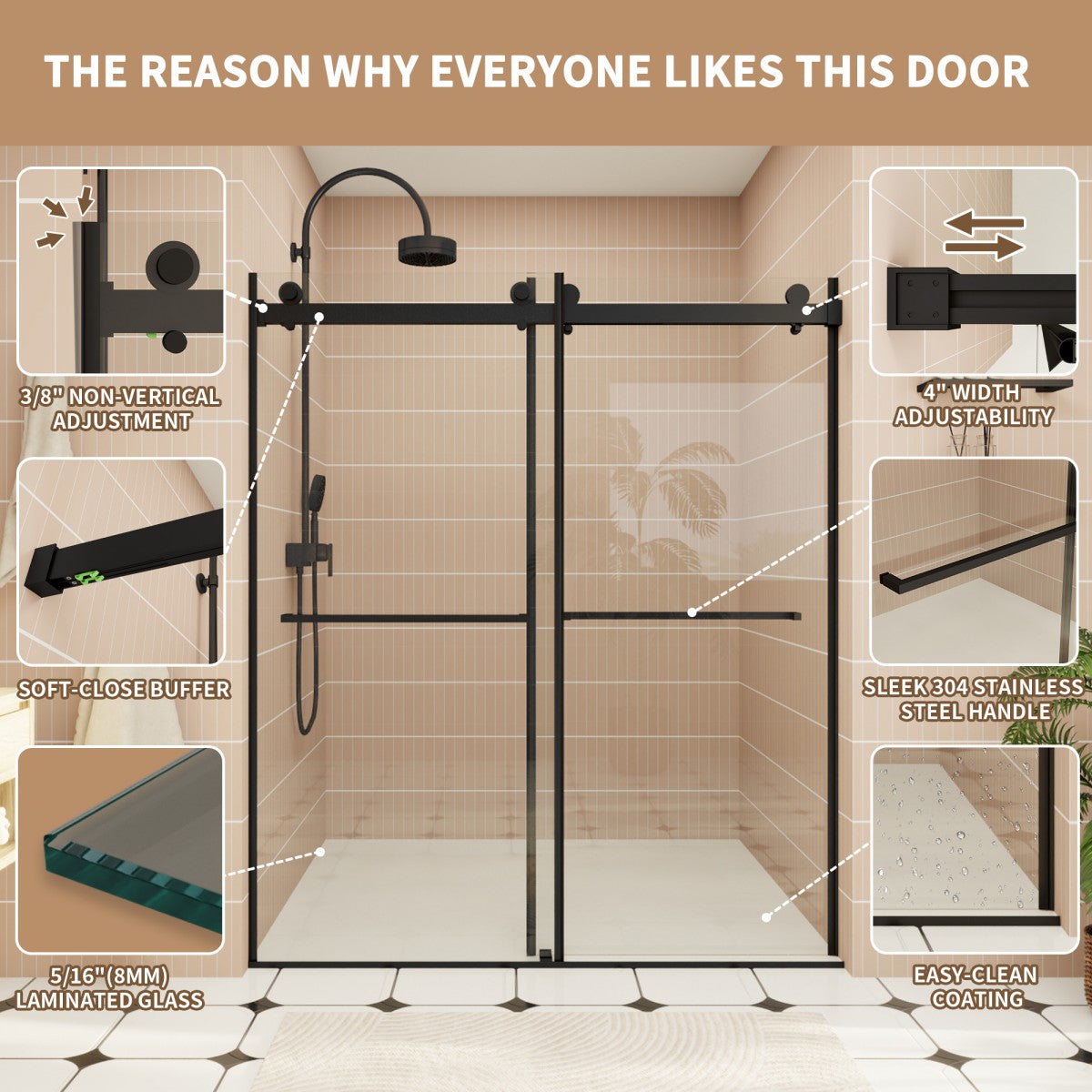 ExRoll-PL Allsumhome 56"-60"W x 70"H Frameless Double Sliding Shower Door,8mm Laminated Glass,Shatterproof,Noise-proof,UV-proof,Tempered Glass Shower Enclosure,Matte Black,Buffer