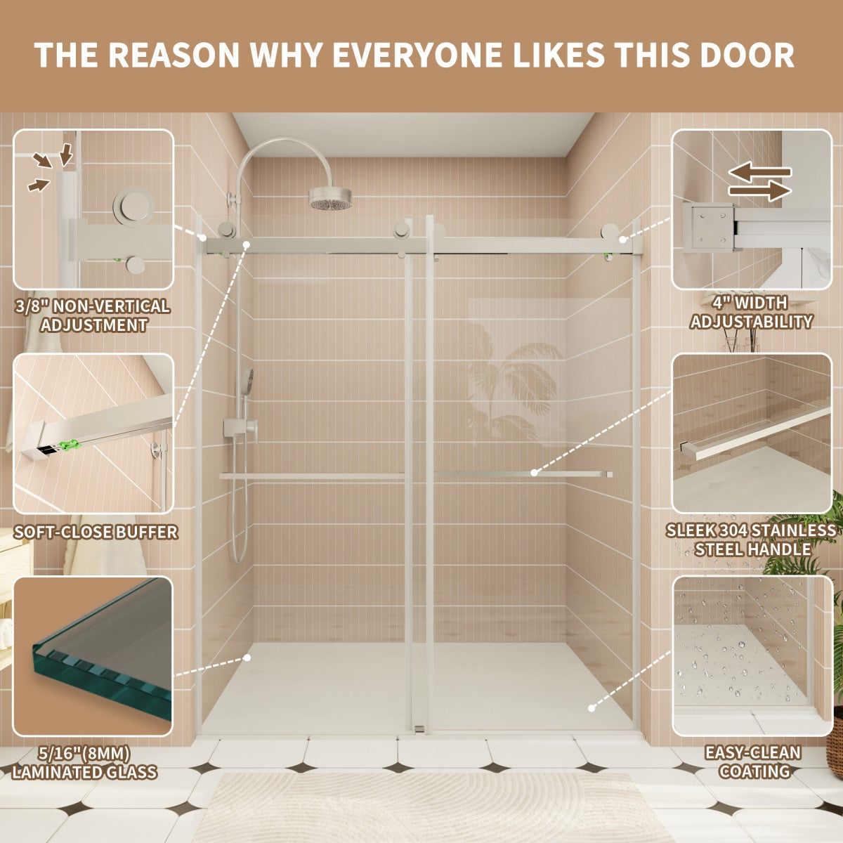 ExRoll-PL Allsumhome 56"-60"W x 70"H Frameless Double Sliding Shower Door,8mm Laminated Glass,Shatterproof,Noise-proof,UV-proof,Tempered Glass Shower Enclosure,Brushed Nickel,Buffer