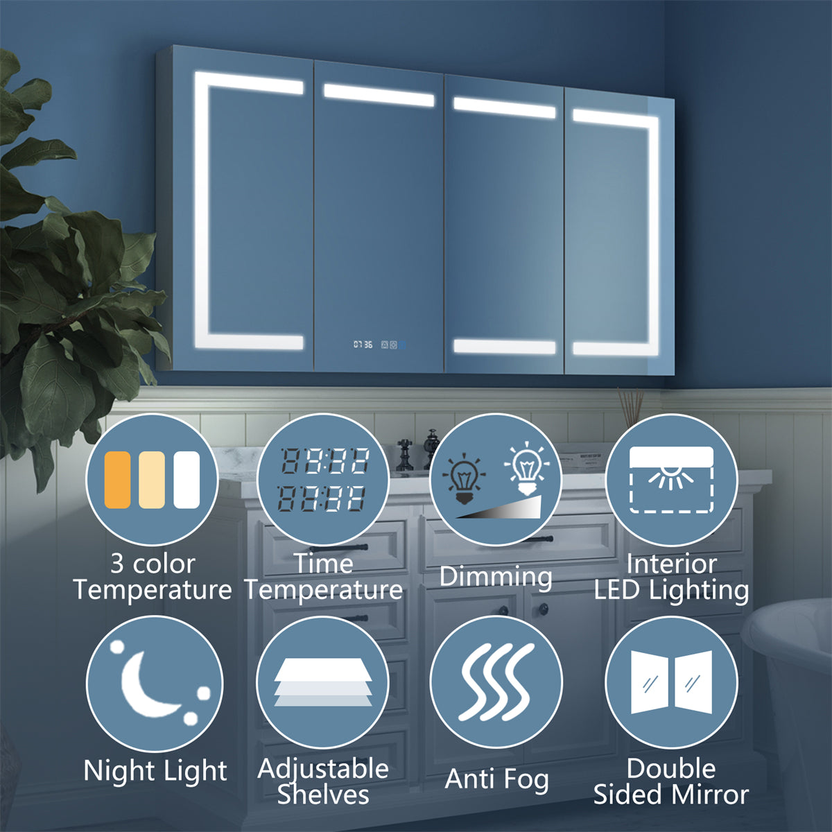 Boost-M2 60" W x 32" H LED Lighted Bathroom Medicine Cabinet with Mirror Recessed or Surface led Medicine Cabinet