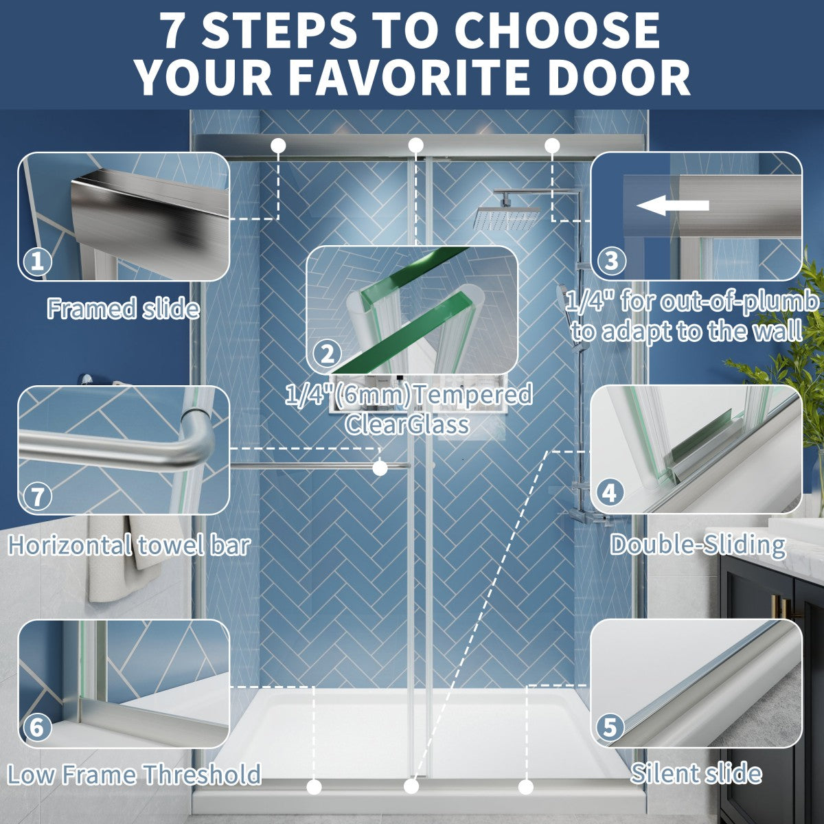 Glide 44-48" x 72" Framed Shower Door in Brushed Nickel,Water Repellent Glass Shower Door,Easy Glide Rollers Sliding Shower Door - ExBriteUSA
