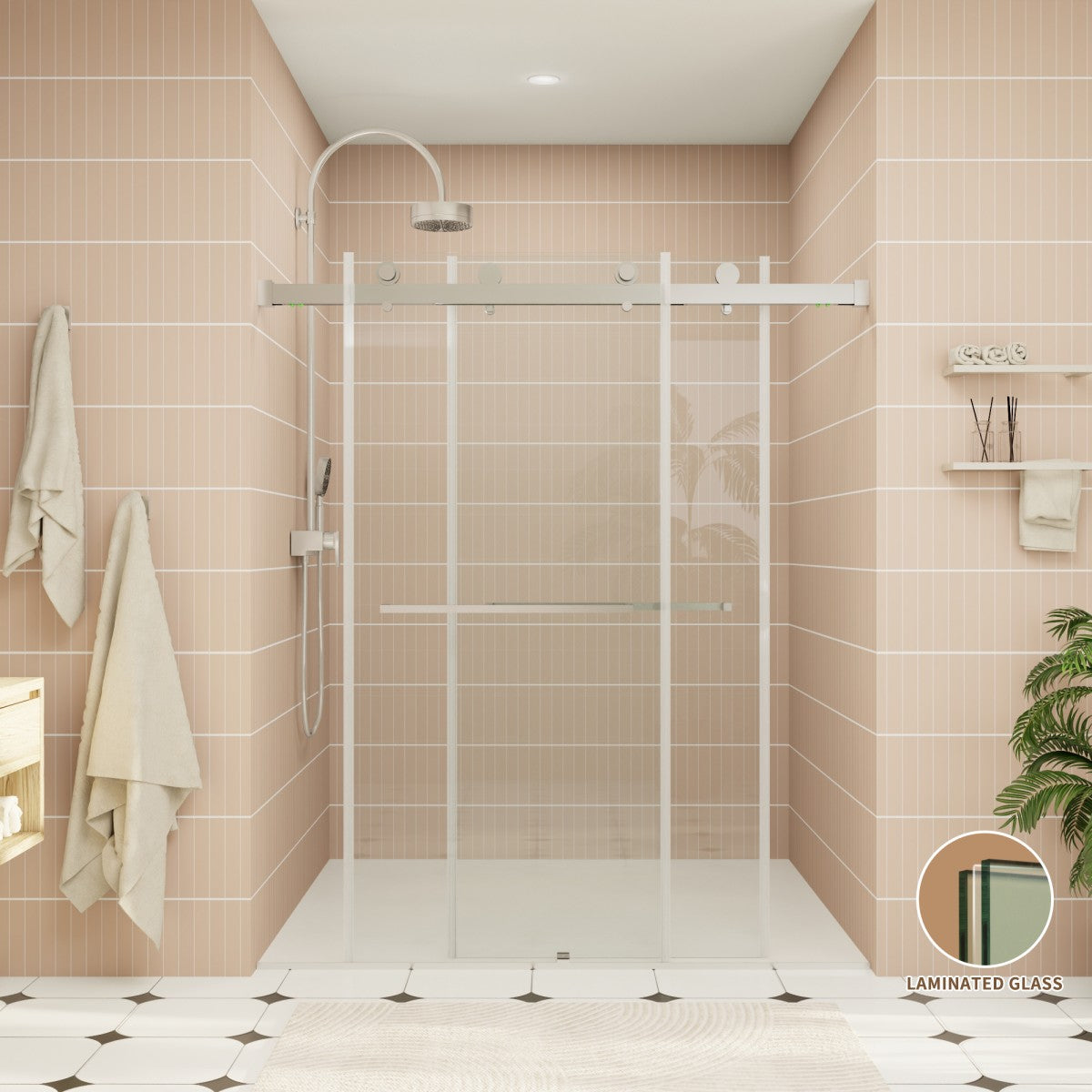 ExRoll-PL Allsumhome 56"-60"W x 70"H Frameless Double Sliding Shower Door,8mm Laminated Glass,Shatterproof,Noise-proof,UV-proof,Tempered Glass Shower Enclosure,Brushed Nickel,Buffer