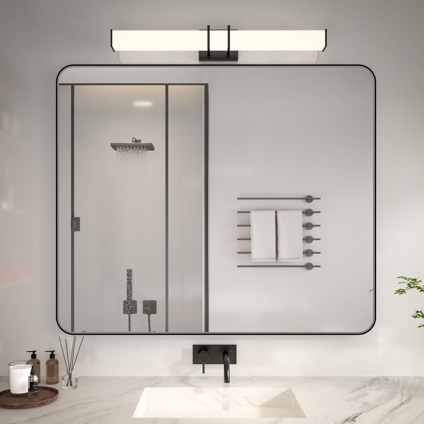 Noir 48" x 40" Vanity Mirror – Modern, Elegant, Rectangular Wall Mirror with Tempered Glass, Shatterproof, Rust-Resistant, Matte Black Frame for Bathroom, Living Room & Hallway - ExBriteUSA