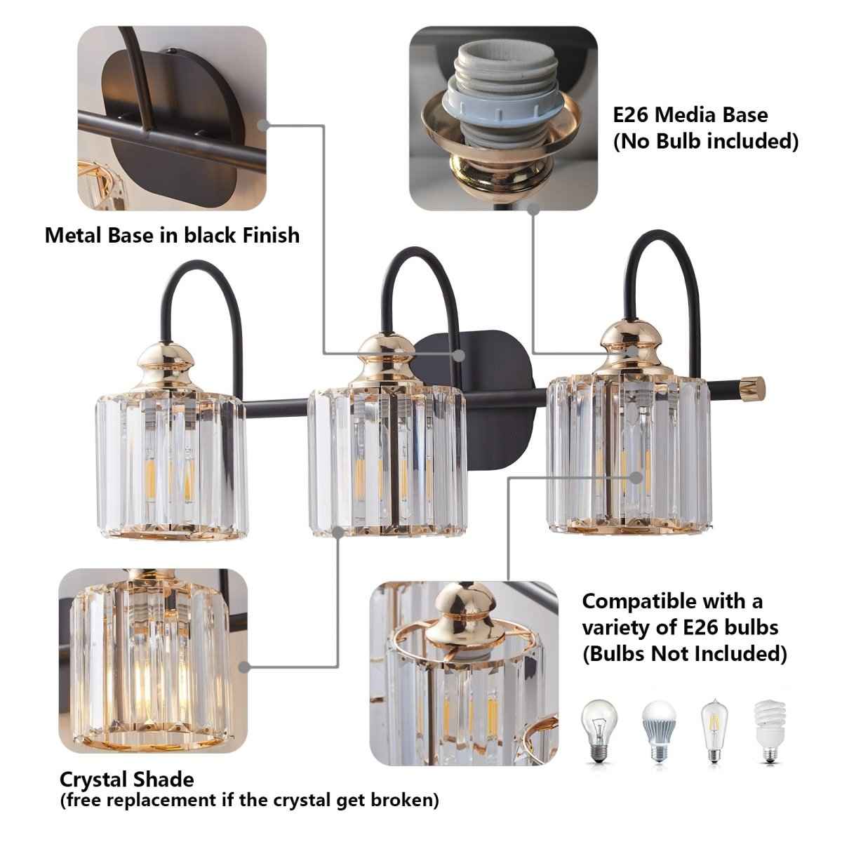 ExBrite 23 1/8" W 3 Light Bathroom Black and Gold Vanity Lights for Bathroom Light