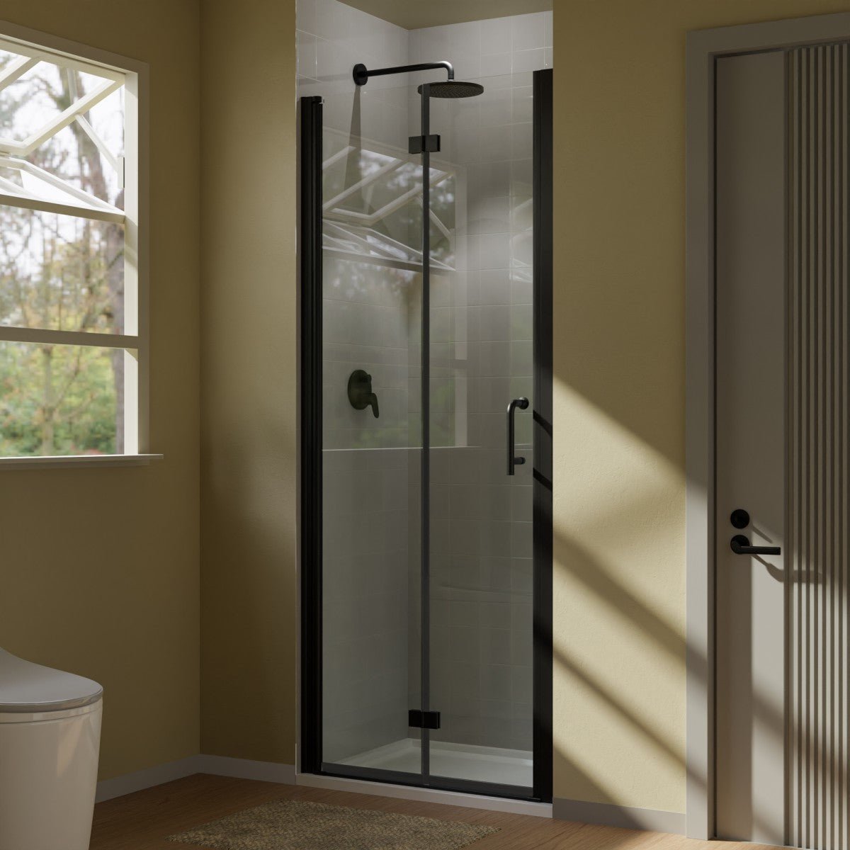 Exbrite Adapt Bifold Shower Door 30 - 32 in.W x 72 in.H Pivot Swing Shower Doors,Matte Black,Tempered Shower Glass