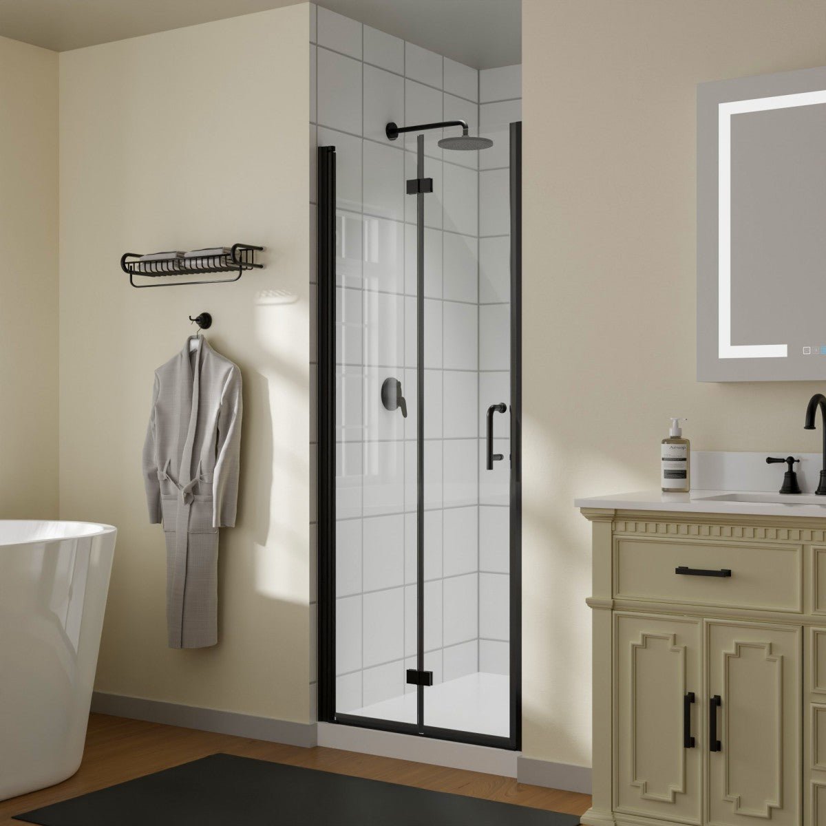 Exbrite Adapt Bifold Shower Door 30 - 32 in.W x 72 in.H Pivot Swing Shower Doors,Matte Black,Tempered Shower Glass