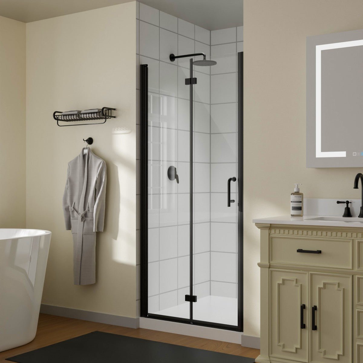 Exbrite Adapt Bifold Shower Door 34 - 36 in.W x 72 in.H Pivot Swing Shower Doors,Matte Black,Clear Tempered Glass