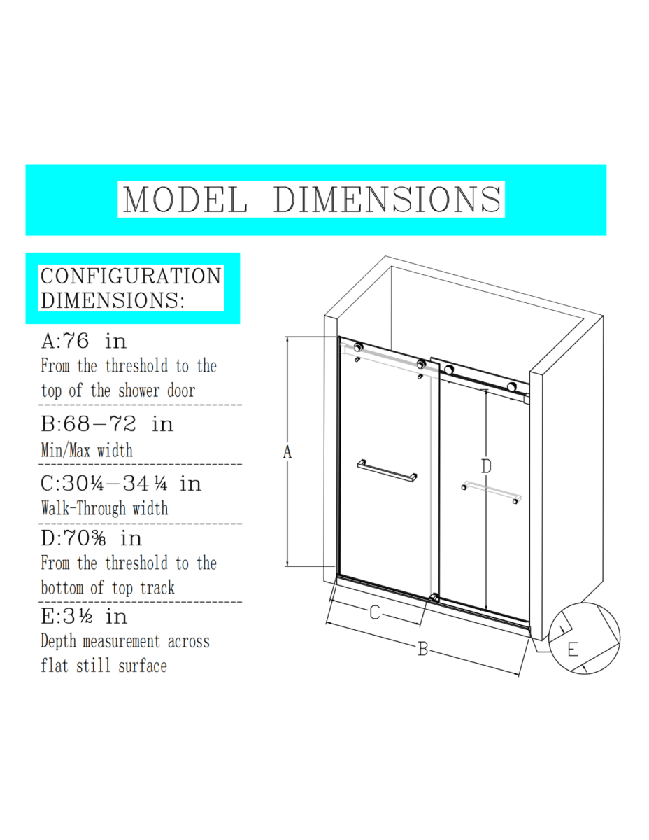 ExBrite-Catalyst 68-72in.W x 76in.H Semi-Frameless Sliding Door,6mm Tempered Glass Door,Matte Black,Double Sliding Glass Shower Enclosure