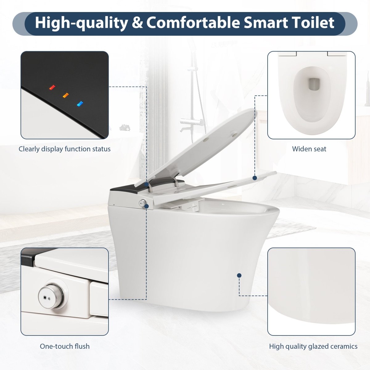 Exbrite Heated Seat Smart Toilet, One Piece Toilet, Automatic Flush Tankless Toilet without Bidet, with Foot sensor Flush, Blue Night Light, Knob Control, Power Outage Flushing, Soft Close Cover,White