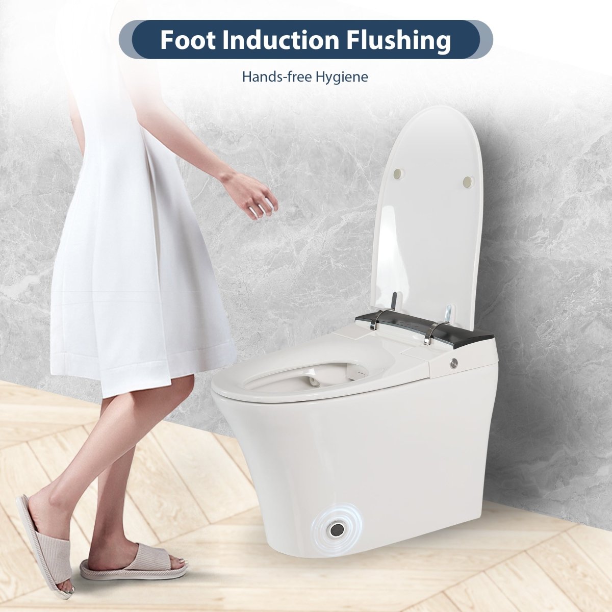 Exbrite Heated Seat Smart Toilet, One Piece Toilet, Automatic Flush Tankless Toilet without Bidet, with Foot sensor Flush, Blue Night Light, Knob Control, Power Outage Flushing, Soft Close Cover,White