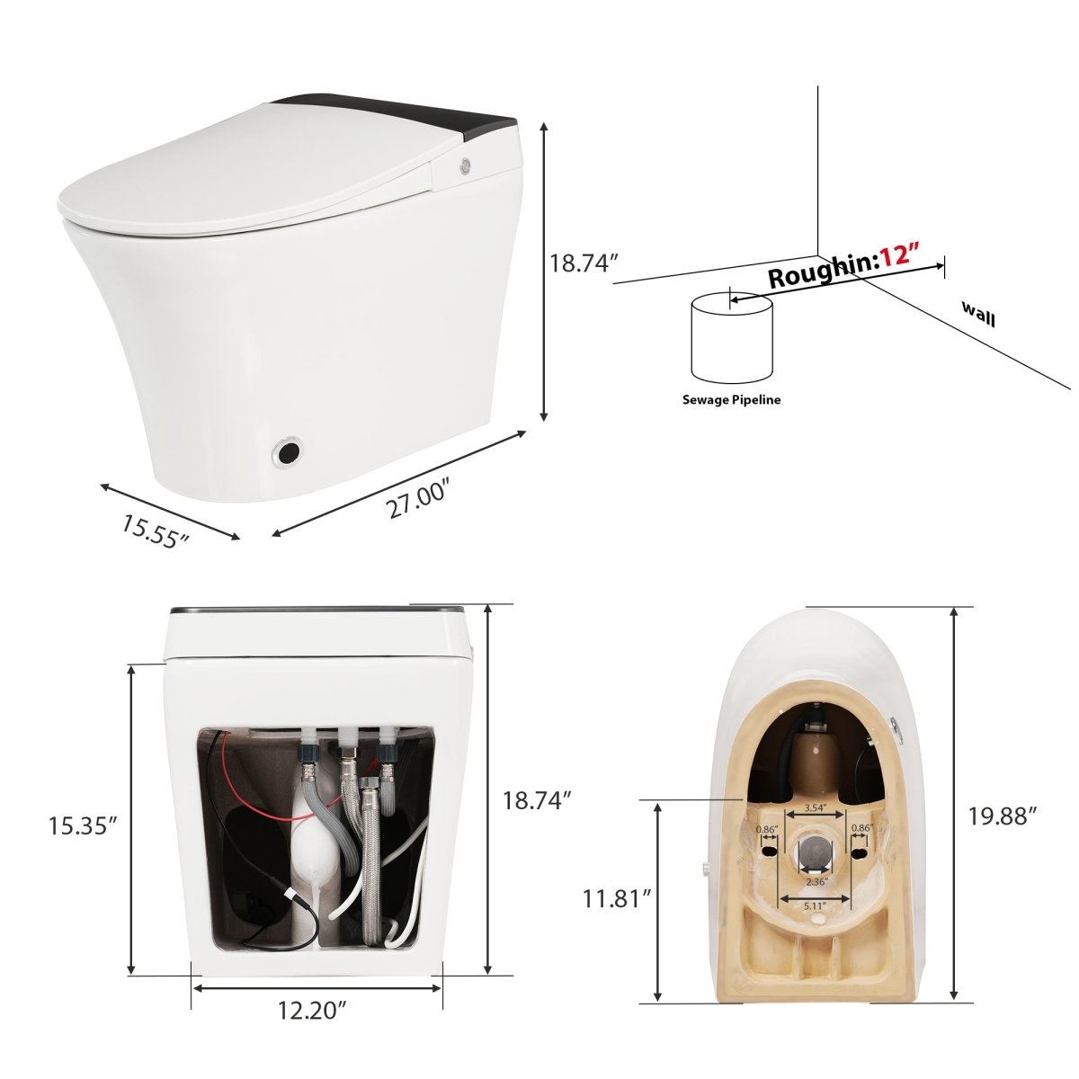 Exbrite Heated Seat Smart Toilet, One Piece Toilet, Automatic Flush Tankless Toilet without Bidet, with Foot sensor Flush, Blue Night Light, Knob Control, Power Outage Flushing, Soft Close Cover,White