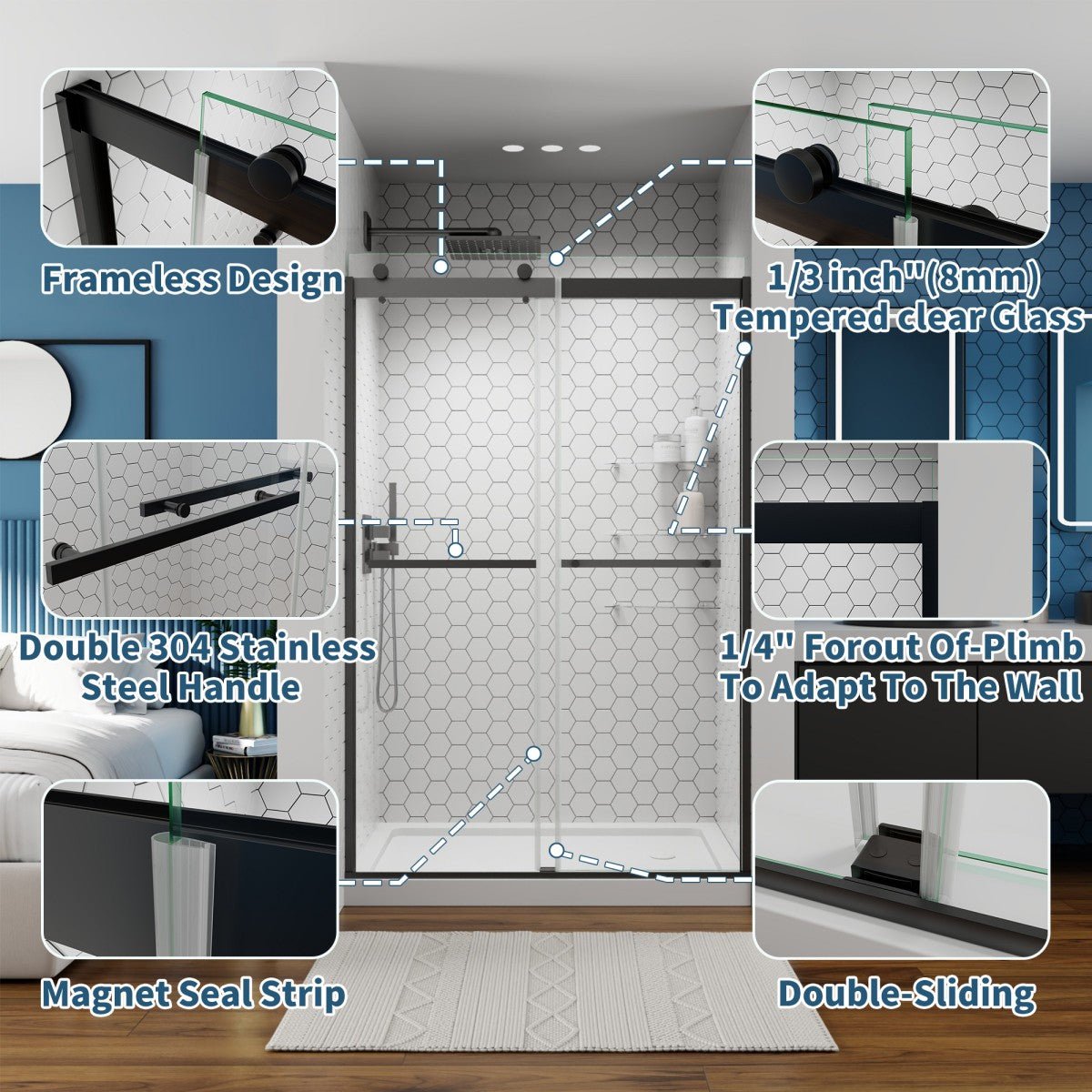 ExRoll 44 - 48" x 74" Frameless Shower Sliding Glass,Matte Black,Water Repellent Glass Shower Door,Easy Glide Rollers Sliding Shower Door