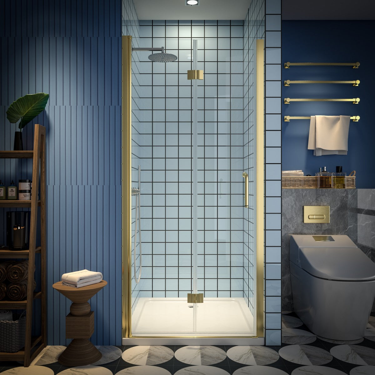Exbrite Adapt Bifold Shower Door 34-36 in.W x 72 in.H Pivot Swing Shower Doors,Brushed Gold,Clear Tempered Glass - ExBriteUSA