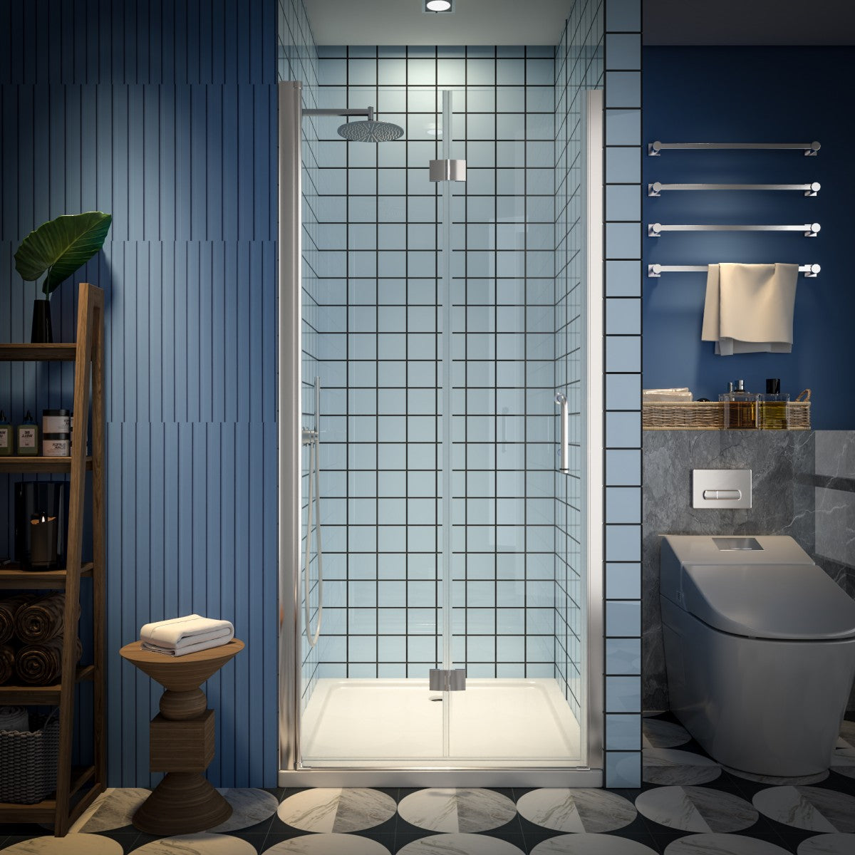 Exbrite Adapt Bifold Shower Door with brushed nickel finish and clear tempered glass in a modern bathroom setting.